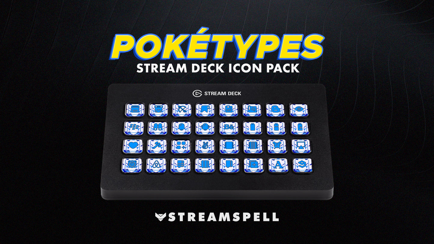 Poketypes Stream Deck Icon Pack by StreamSpell displayed on an Elgato Stream Deck XL. Features Pokémon-inspired Water type icons with blue elemental designs, including categories for gaming, Discord, UI and social media. Fully compatible with OBS Studio, Streamlabs and all Stream Deck models.