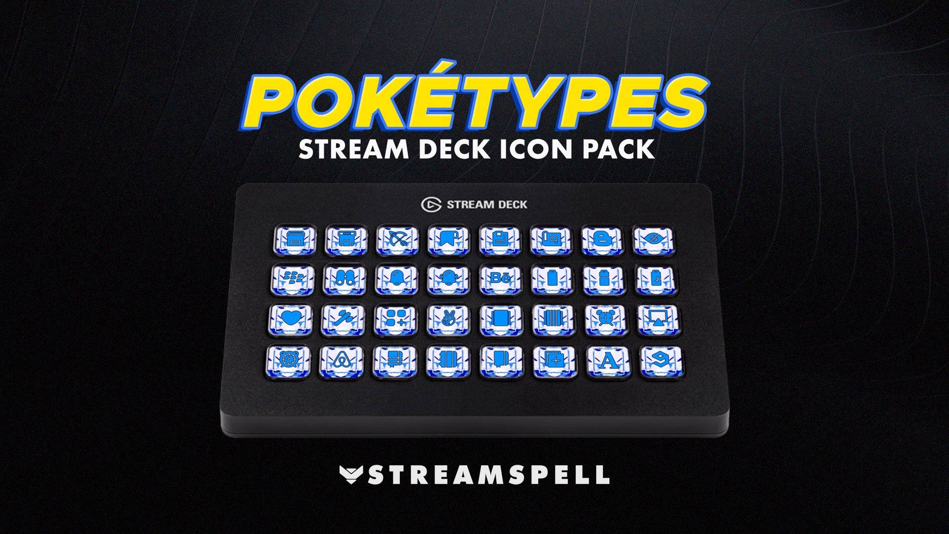 Poketypes Stream Deck Icon Pack by StreamSpell displayed on an Elgato Stream Deck XL. Features Pokémon-inspired Water type icons with blue elemental designs, including categories for gaming, Discord, UI and social media. Fully compatible with OBS Studio, Streamlabs and all Stream Deck models.