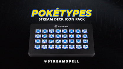 Poketypes Stream Deck Icon Pack by StreamSpell displayed on an Elgato Stream Deck XL. Features Pokémon-inspired Water type icons with blue elemental designs, including categories for gaming, Discord, UI and social media. Fully compatible with OBS Studio, Streamlabs and all Stream Deck models.
