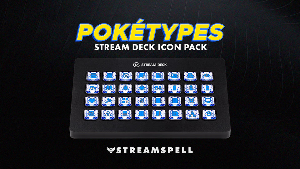 Poketypes Stream Deck Icon Pack by StreamSpell displayed on an Elgato Stream Deck XL. Features Pokémon-inspired Water type icons with blue elemental designs, including categories for gaming, Discord, UI and social media. Fully compatible with OBS Studio, Streamlabs and all Stream Deck models.