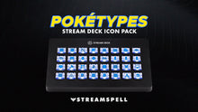 Load image into Gallery viewer, Poketypes Stream Deck Icon Pack by StreamSpell displayed on an Elgato Stream Deck XL. Features Pokémon-inspired Water type icons with blue elemental designs, including categories for gaming, Discord, UI and social media. Fully compatible with OBS Studio, Streamlabs and all Stream Deck models.
