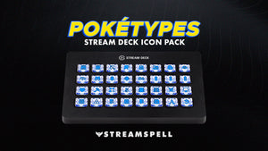Poketypes Stream Deck Icon Pack by StreamSpell displayed on an Elgato Stream Deck XL. Features Pokémon-inspired Water type icons with blue elemental designs, including categories for gaming, Discord, UI and social media. Fully compatible with OBS Studio, Streamlabs and all Stream Deck models.
