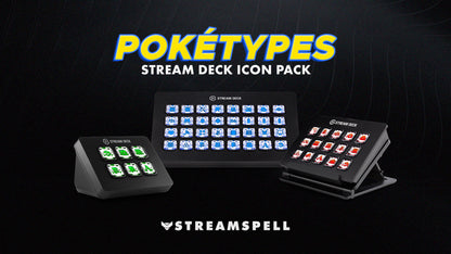 Poketypes Stream Deck Icon Pack by StreamSpell shown on multiple Elgato devices, featuring Leaf, Water and Blaze type Pokémon-inspired icons in green, blue and red. Fully compatible with OBS Studio, Streamlabs and all Stream Deck models including MK2, XL, Plus, Neo and Mini.