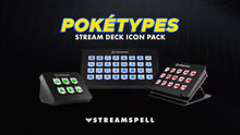 Load image into Gallery viewer, Poketypes Stream Deck Icon Pack by StreamSpell shown on multiple Elgato devices, featuring Leaf, Water and Blaze type Pokémon-inspired icons in green, blue and red. Fully compatible with OBS Studio, Streamlabs and all Stream Deck models including MK2, XL, Plus, Neo and Mini.