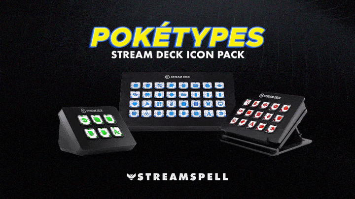 Pokémon-inspired Stream Deck Icons displayed on Elgato devices, featuring Water, Leaf, Blaze and Poison elemental designs. Promoting the Poketypes Stream Deck Icon Pack by StreamSpell. Fully compatible with OBS Studio, Streamlabs and all Stream Deck models (MK2, XL, Plus, Neo, Mini). Includes 400+ icons for gaming, Discord, UI and social media.