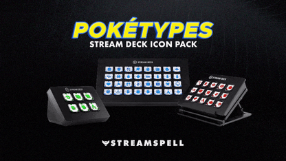 Pokémon-inspired Stream Deck Icons displayed on Elgato devices, featuring Water, Leaf, Blaze and Poison elemental designs. Promoting the Poketypes Stream Deck Icon Pack by StreamSpell. Fully compatible with OBS Studio, Streamlabs and all Stream Deck models (MK2, XL, Plus, Neo, Mini). Includes 400+ icons for gaming, Discord, UI and social media.