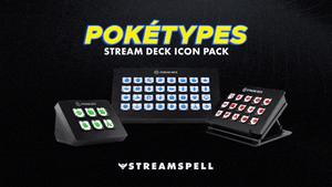 Pokémon-inspired Stream Deck Icons displayed on Elgato devices, featuring Water, Leaf, Blaze and Poison elemental designs. Promoting the Poketypes Stream Deck Icon Pack by StreamSpell. Fully compatible with OBS Studio, Streamlabs and all Stream Deck models (MK2, XL, Plus, Neo, Mini). Includes 400+ icons for gaming, Discord, UI and social media.