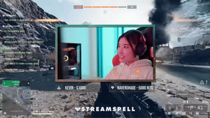 Live stream preview using the BF6 HUD Stream Package by StreamSpell, featuring tactical chat box, goal bar, modern webcam frame, and real-time event alerts over FPS gameplay.