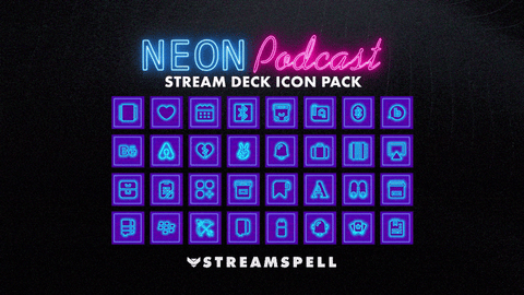 Neon-colored podcast stream deck icon pack with 'Streamspell' branding on a dark background