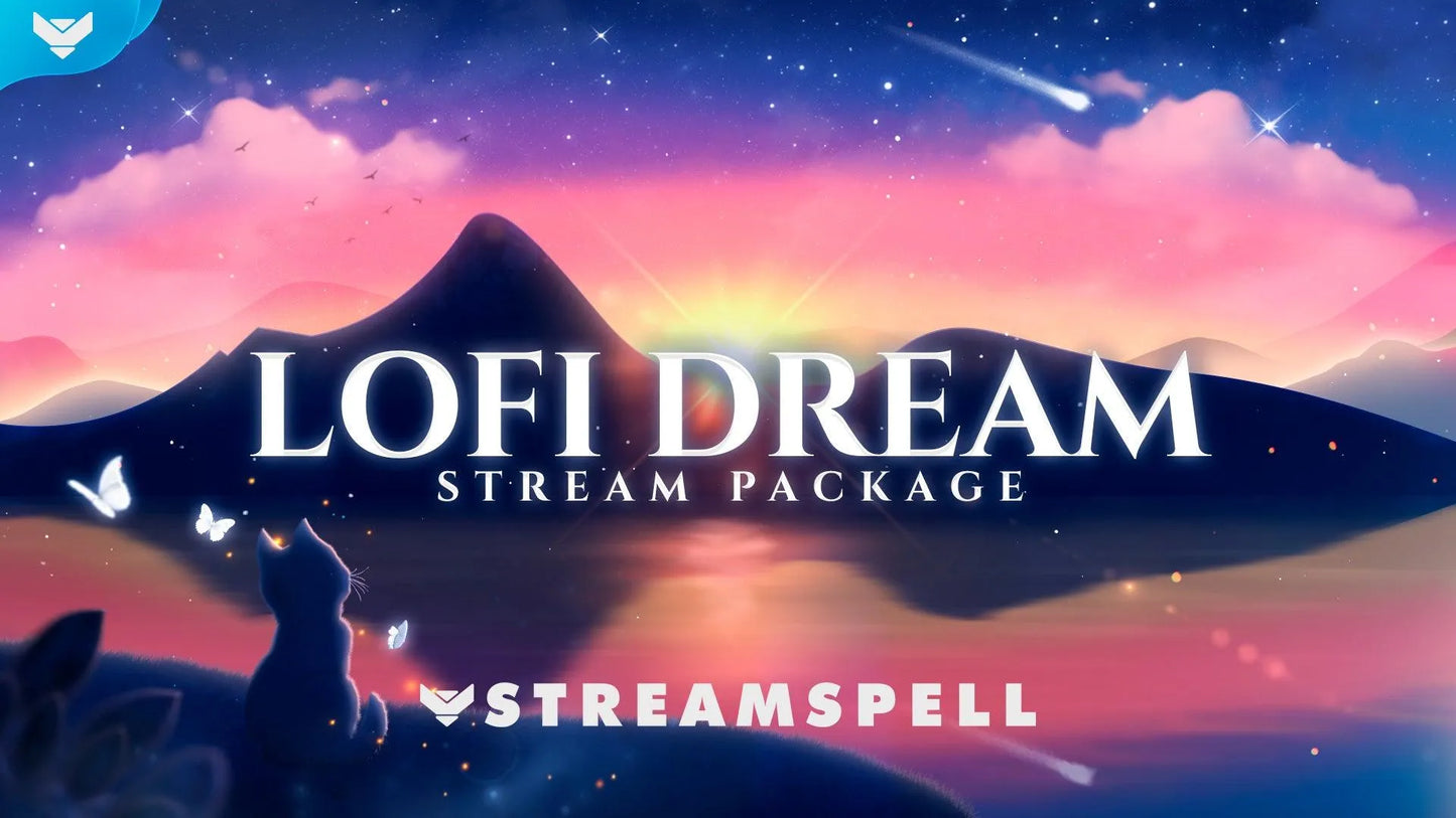 Lofi Dream Stream Package product cover preview by StreamSpell, featuring dreamy sunset clouds, mountain silhouettes, cute cat, butterflies, and cozy pastel stream branding.