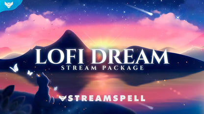 Lofi Dream Stream Package product cover preview by StreamSpell, featuring dreamy sunset clouds, mountain silhouettes, cute cat, butterflies, and cozy pastel stream branding.