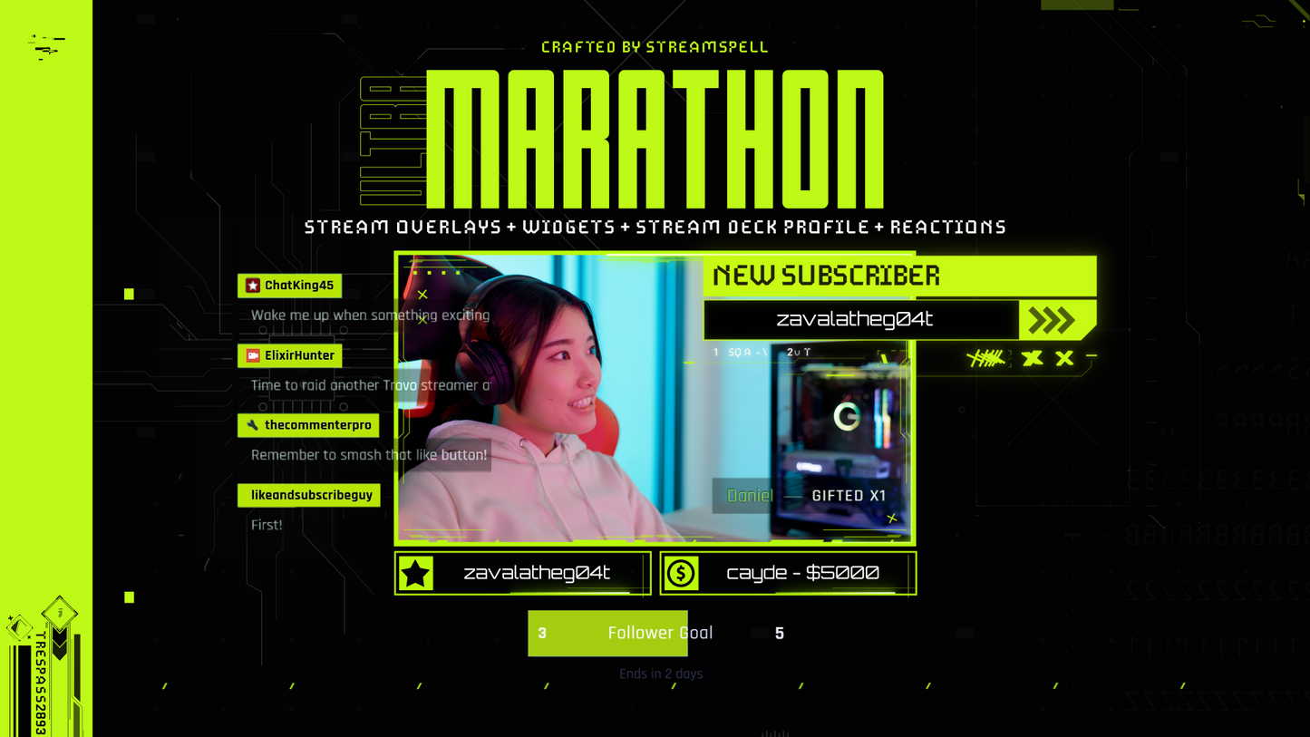 Marathon Stream Overlays and Widgets product preview by StreamSpell, showcasing futuristic gameplay overlay layout and branded HUD elements for OBS Studio and Streamlabs.
