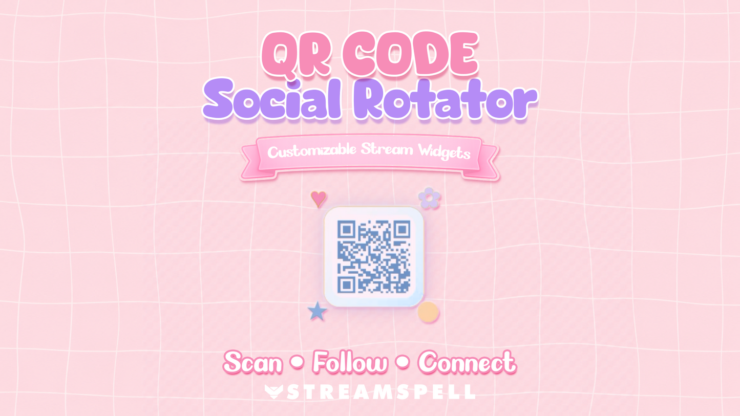 QR Code Social Rotator widget by StreamSpell in QR Code Only Mode, showing a cute pastel QR code design on a pink grid background for customizable stream widgets.