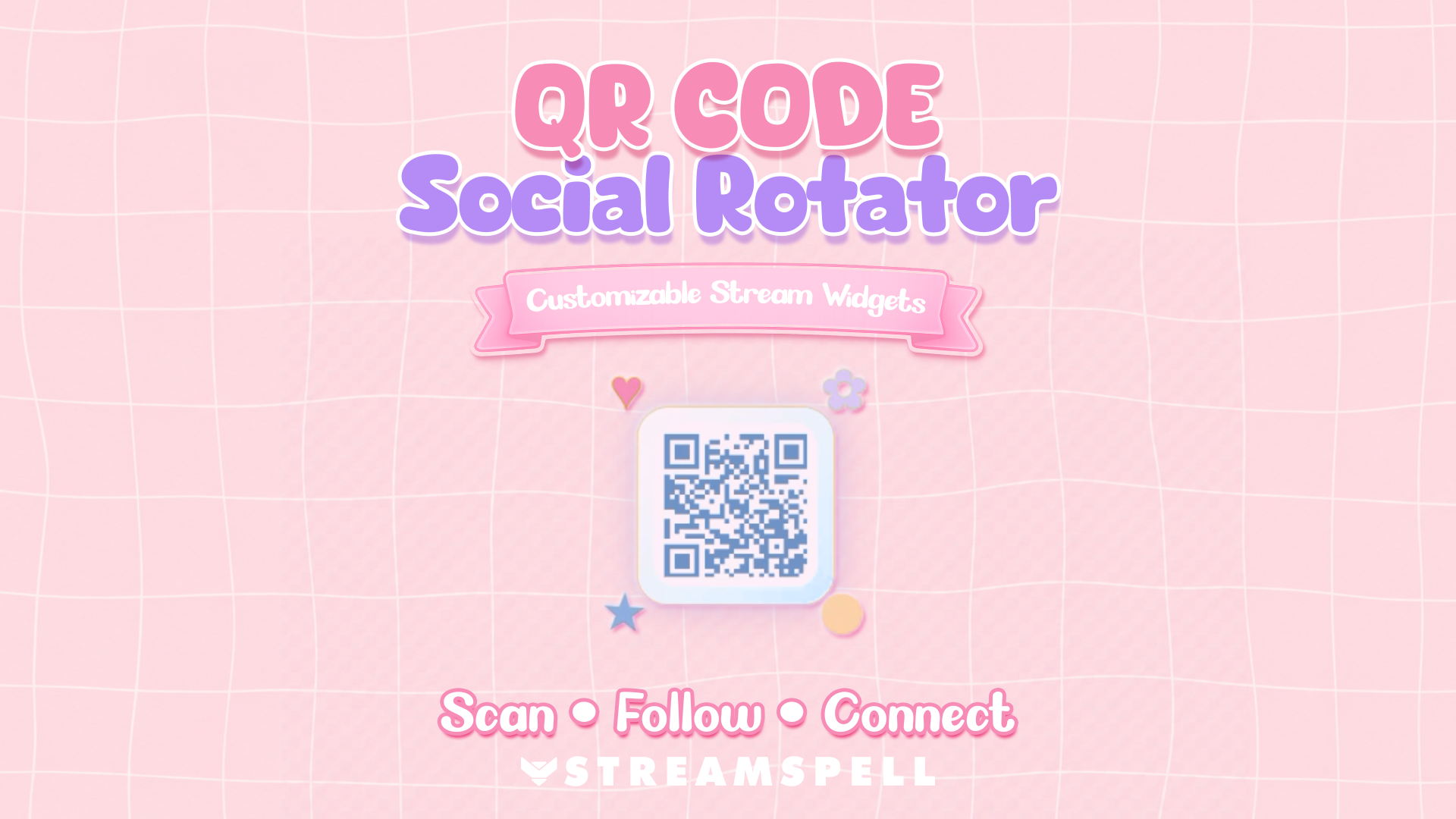 QR Code Social Rotator widget by StreamSpell in QR Code Only Mode, showing a cute pastel QR code design on a pink grid background for customizable stream widgets.