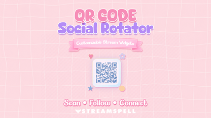 QR Code Social Rotator widget by StreamSpell in QR Code Only Mode, showing a cute pastel QR code design on a pink grid background for customizable stream widgets.
