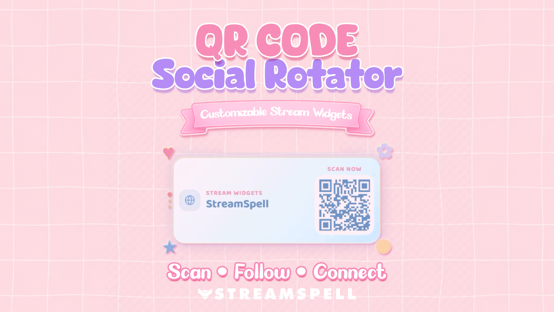 QR Code Social Rotator widget by StreamSpell showing a customizable social media QR code card with stream link preview, pastel decorations, and cute pink grid background.