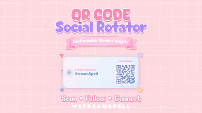 QR Code Social Rotator widget by StreamSpell showing a customizable social media QR code card with stream link preview, pastel decorations, and cute pink grid background.