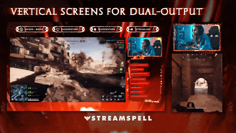 Dual-output vertical stream screens with red glitch effects and HUD overlays, showing FPS gameplay setup — Rage Phonk Stream Package by StreamSpell.