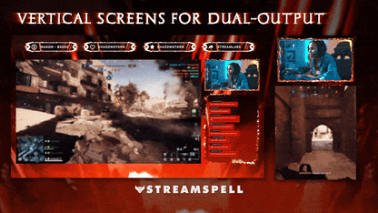 Dual-output vertical stream screens with red glitch effects and HUD overlays, showing FPS gameplay setup — Rage Phonk Stream Package by StreamSpell.
