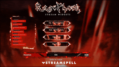 Animated Phonk-style stream widgets including goal bar, chat box, and event list with distortion effects — Rage Phonk Stream Package by StreamSpell.