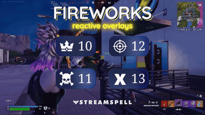 Reactive stream overlays with kill, death, win, and loss counters over a winter fireworks background, part of the Winter Fireworks 2026 stream package by StreamSpell. Streamlabs Desktop exclusive.