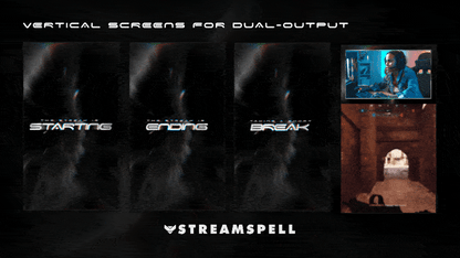 Dual-screen layout with vertical versions of starting, ending, and break scenes from the PHOTON Stream Package by StreamSpell. Designed for streamers using OBS Studio and Streamlabs.