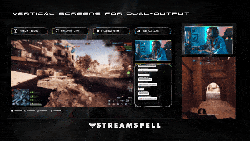 Vertical and horizontal streaming screens from the PHOTON Stream Package by StreamSpell, showing dual-output support for multistream setups. Perfect for Twitch and YouTube creators.