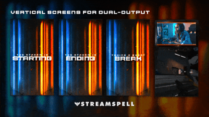 Vertical screens from the Phantom Ops Stream Package by StreamSpell, featuring blue–orange tactical lighting, glass-shatter effects, and military-style HUD graphics for multistreaming.