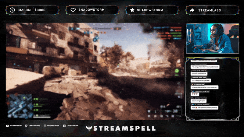 Space-inspired intermission scene from the PHOTON Stream Package by StreamSpell, featuring a streamer camera frame, chat widget, and animated overlays with cosmic lighting. Ideal for OBS, Streamlabs, and Twitch.