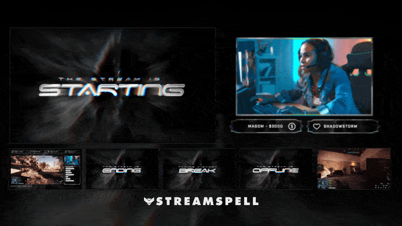 Complete set of animated scenes from the PHOTON Stream Package by StreamSpell — including Starting, Ending, Be Right Back, and Offline screens in cinematic sci-fi style.