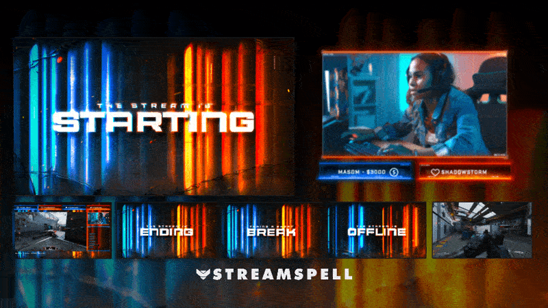 Animated screens from the Phantom Ops Stream Package, featuring blue–orange tactical lighting, barbed wire effects, and cinematic FPS-style motion by StreamSpell.