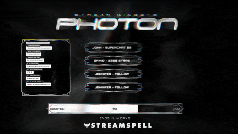 Stream widgets from the PHOTON Stream Package by StreamSpell — including chat box, goal bar, and event list — with a metallic sci-fi design. Works perfectly with OBS and Streamlabs.