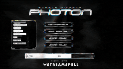 Stream widgets from the PHOTON Stream Package by StreamSpell — including chat box, goal bar, and event list — with a metallic sci-fi design. Works perfectly with OBS and Streamlabs.