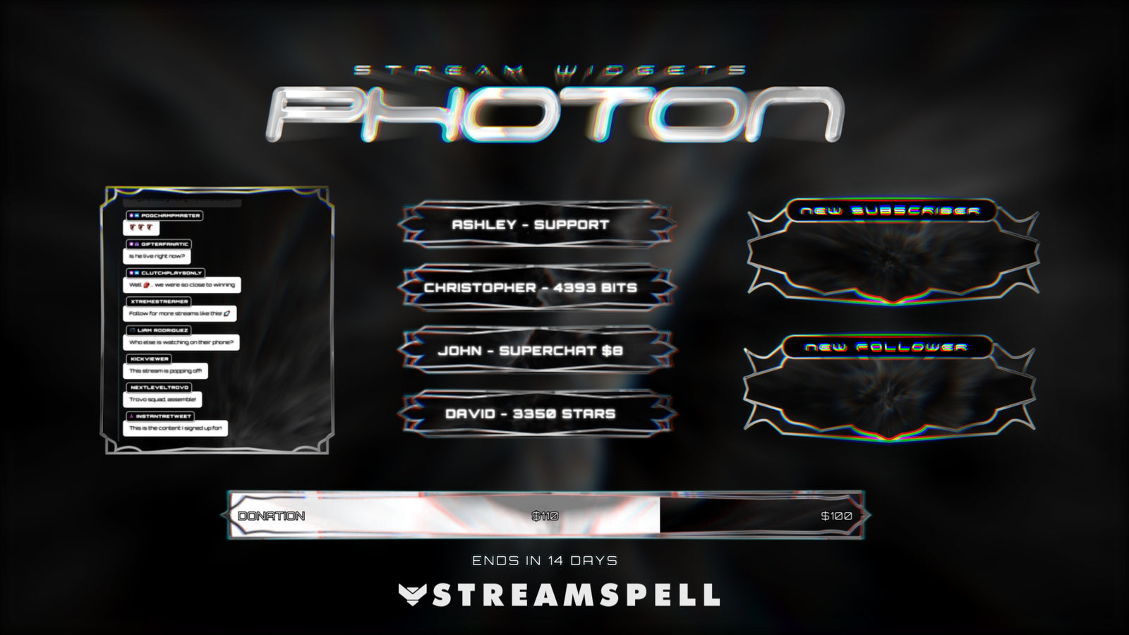 Stream widgets from the PHOTON Stream Package by StreamSpell — including chat box, goal bar, and event list — with a metallic sci-fi design. Works perfectly with OBS and Streamlabs.