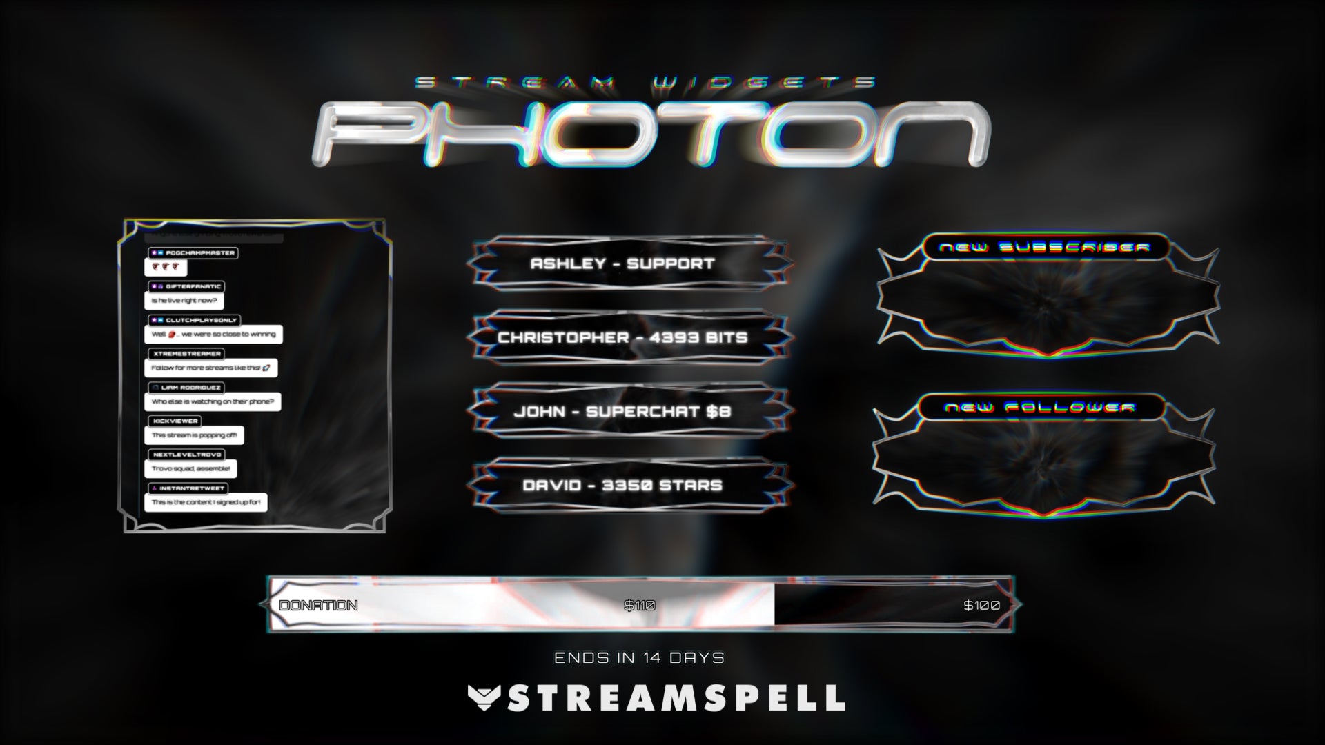 Stream widgets from the PHOTON Stream Package by StreamSpell — including chat box, goal bar, and event list — with a metallic sci-fi design. Works perfectly with OBS and Streamlabs.