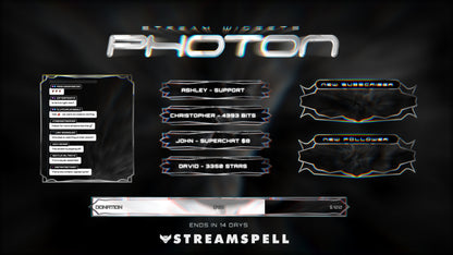 Stream widgets from the PHOTON Stream Package by StreamSpell — including chat box, goal bar, and event list — with a metallic sci-fi design. Works perfectly with OBS and Streamlabs.