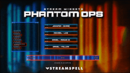 Animated Phantom Ops stream widgets showing chat box, alert list, and dynamic goal bar with tactical blue–orange lighting and combat UI motion.