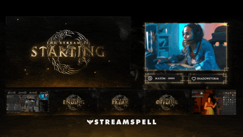 Collection of animated dark fantasy stream screens including starting, BRB, ending, and offline scenes with glowing runes and golden emblems from the Crimson Saga Stream Package.