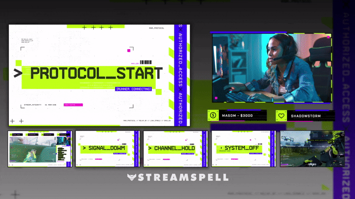 Collection of animated stream screens including starting, BRB, and ending scenes with futuristic sci-fi UI design from the Marathon_ID Stream Package.