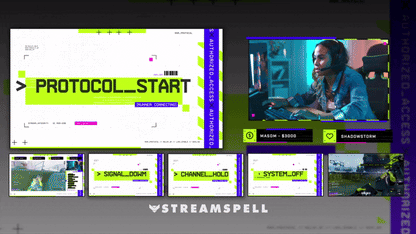 Collection of animated stream screens including starting, BRB, and ending scenes with futuristic sci-fi UI design from the Marathon_ID Stream Package.