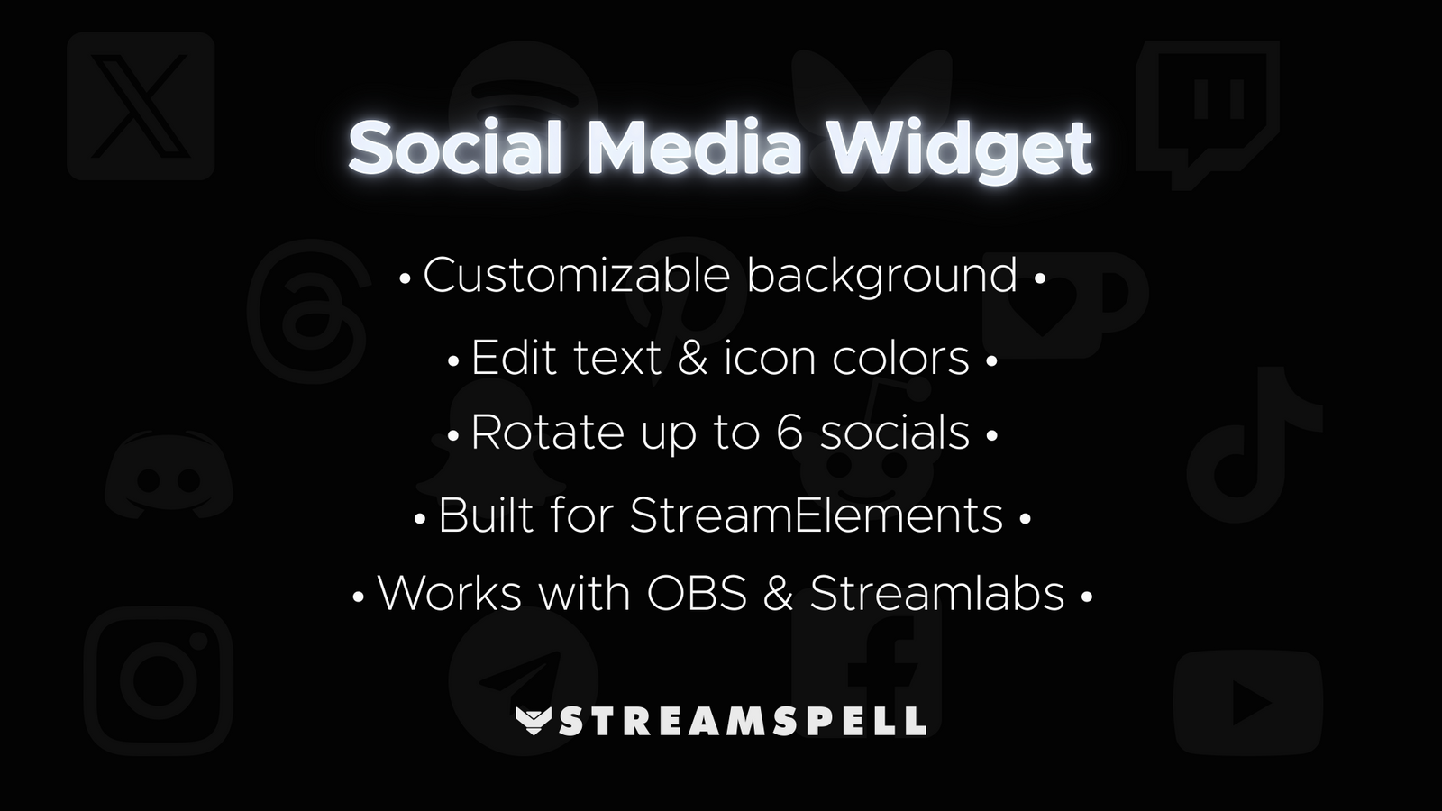 Feature list of the Social Media Widget by StreamSpell: customizable background, editable text and icon colors, rotation of up to 6 socials. Built for StreamElements and works with OBS Studio & Streamlabs. Perfect for Twitch, YouTube, and Kick streamers.