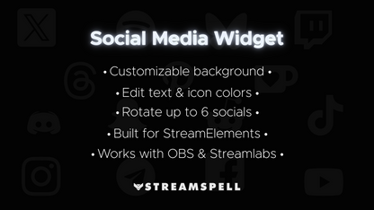 Feature list of the Social Media Widget by StreamSpell: customizable background, editable text and icon colors, rotation of up to 6 socials. Built for StreamElements and works with OBS Studio & Streamlabs. Perfect for Twitch, YouTube, and Kick streamers.