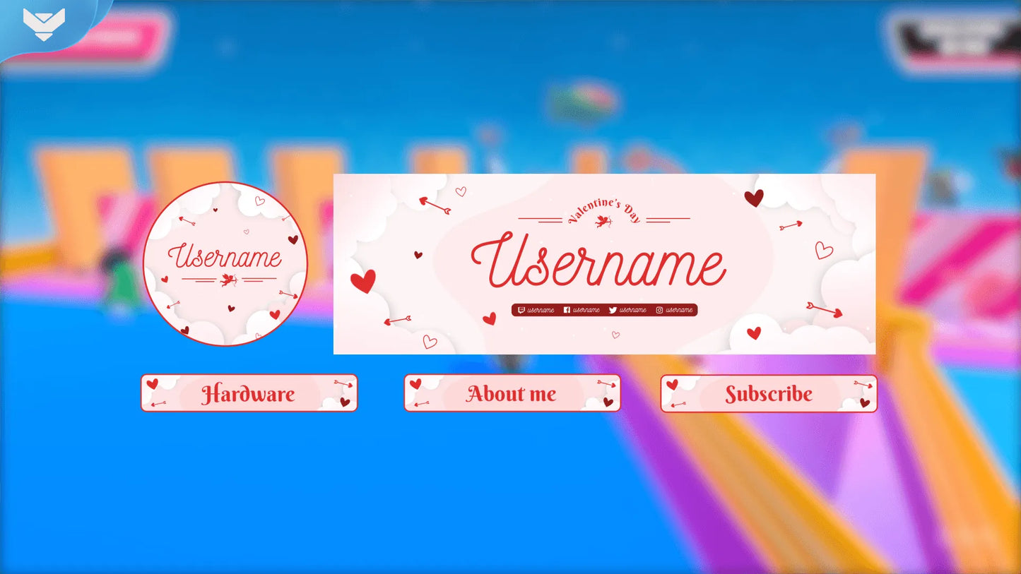 Valentine’s Day social media headers with pink and red romantic design and floating hearts, part of the StreamSpell package by StreamSpell for Twitch, YouTube, and Twitter banners.