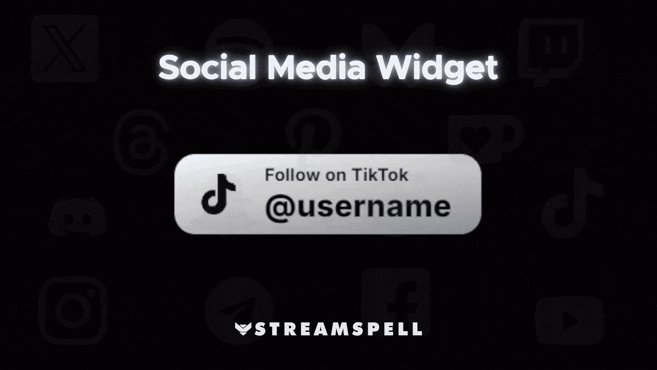 Minimal black-and-white social media widget preview with Facebook username banner. Promoting the customizable Social Media Widget by StreamSpell for Twitch, YouTube, and Kick. Fully compatible with OBS Studio, Streamlabs, and StreamElements.