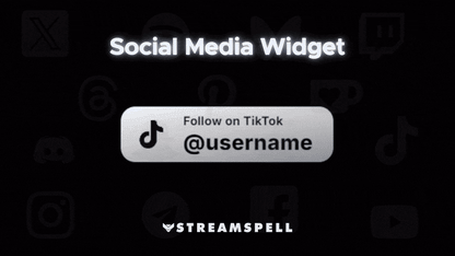 Minimal black-and-white social media widget preview with Facebook username banner. Promoting the customizable Social Media Widget by StreamSpell for Twitch, YouTube, and Kick. Fully compatible with OBS Studio, Streamlabs, and StreamElements.