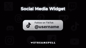Minimal black-and-white social media widget preview with Facebook username banner. Promoting the customizable Social Media Widget by StreamSpell for Twitch, YouTube, and Kick. Fully compatible with OBS Studio, Streamlabs, and StreamElements.
