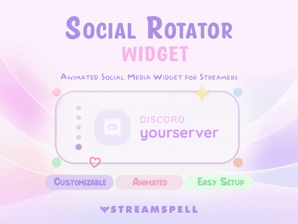 Animated Social Rotator Widget by StreamSpell showing a rotating Discord profile, with customizable colors and a cute, cozy design for Twitch, OBS, and Streamlabs.
