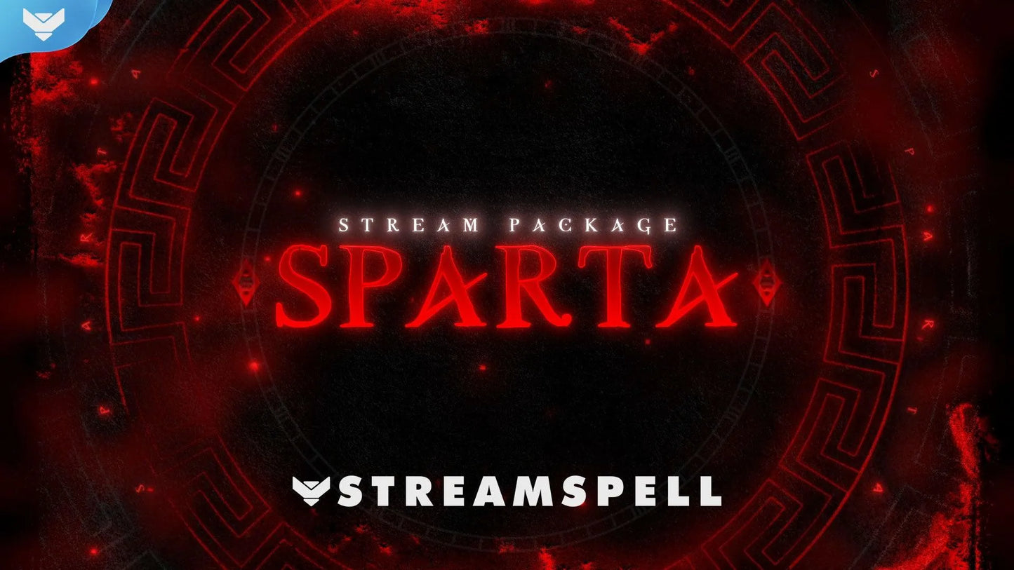 Spartan stream overlay with glowing red warrior-inspired design and ancient Greek patterns, promoting the Sparta animated stream package by StreamSpell for OBS and Streamlabs.