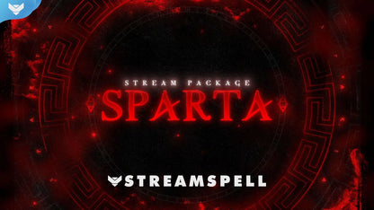 Spartan stream overlay with glowing red warrior-inspired design and ancient Greek patterns, promoting the Sparta animated stream package by StreamSpell for OBS and Streamlabs.