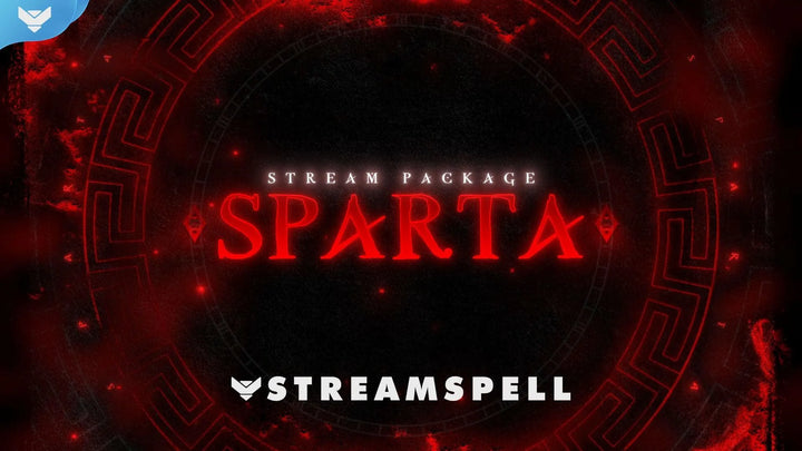 Spartan stream overlay with glowing red warrior-inspired design and ancient Greek patterns, promoting the Sparta animated stream package by StreamSpell for OBS and Streamlabs.